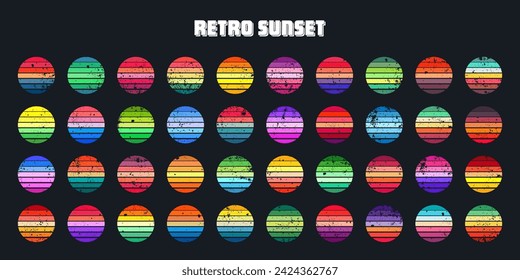 Grunge vintage sunset collection. Colorful striped sunrise badges in 80s and 90s style. Sun and ocean view, summer vibes, surfing. Design element for print, logo or t-shirt. Vector illustration