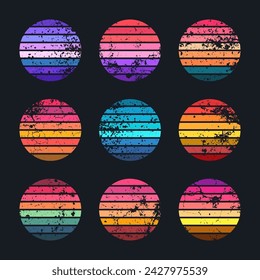 Grunge vintage sunset collection. Colorful striped sunrise badges in 80s and 90s style. Sun and ocean view, summer vibes, surfing. Design element for print, logo or t-shirt. Vector illustration