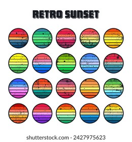 Grunge vintage sunset collection. Colorful striped sunrise badges in 80s and 90s style. Sun and ocean view, summer vibes, surfing. Design element for print, logo or t-shirt. Vector illustration