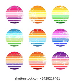Grunge vintage sunset collection. Colorful striped sunrise badges in 80s and 90s style. Sun and ocean view, summer vibes, surfing. Design element for print, logo or t-shirt. Vector illustration