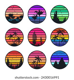 Grunge vintage sunset collection. Colorful striped sunrise badges in 80s and 90s style. Sun and ocean view, summer vibes, surfing. Design element for print, logo or t-shirt. Vector illustration