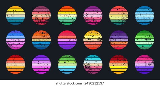 Grunge vintage sunset collection. Colorful striped sunrise badges in 80s and 90s style. Sun and ocean view, summer vibes, surfing. Design element for print, logo or t-shirt. Vector illustration