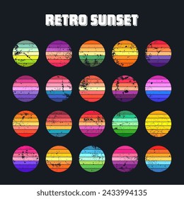 Grunge vintage sunset collection. Colorful striped sunrise badges in 80s and 90s style. Sun and ocean view, summer vibes, surfing. Design element for print, logo or t-shirt. Vector illustration