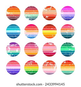 Grunge vintage sunset collection. Colorful striped sunrise badges in 80s and 90s style. Sun and ocean view, summer vibes, surfing. Design element for print, logo or t-shirt. Vector illustration