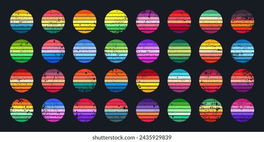 Grunge vintage sunset collection. Colorful striped sunrise badges in 80s and 90s style. Sun and ocean view, summer vibes, surfing. Design element for print, logo or t-shirt. Vector illustration