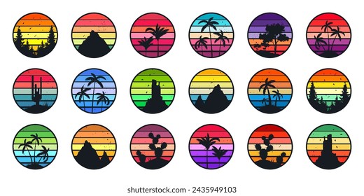 Grunge vintage sunset collection. Colorful striped sunrise badges in 80s and 90s style. Sun and ocean view, summer vibes, surfing. Design element for print, logo or t-shirt. Vector illustration