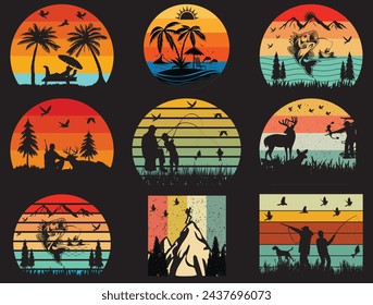 Grunge vintage sunset collection. Colorful striped sunrise badges in 80s and 90s style. Sun and ocean view, summer vibes, surfing. Design element for print, logo or t-shirt. Vector illustration 