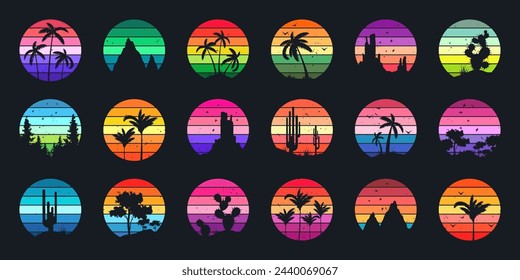 Grunge vintage sunset collection. Colorful striped sunrise badges in 80s and 90s style. Sun and ocean view, summer vibes, surfing. Design element for print, logo or t-shirt. Vector illustration