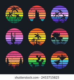 Grunge vintage sunset collection. Colorful striped sunrise badges in 80s and 90s style. Sun and ocean view, summer vibes, surfing. Design element for print, logo or t-shirt. Vector illustration