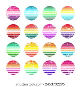 Grunge vintage sunset collection. Colorful striped sunrise badges in 80s and 90s style. Sun and ocean view, summer vibes, surfing. Design element for print, logo or t-shirt. Vector illustration