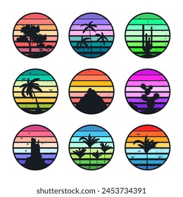 Grunge vintage sunset collection. Colorful striped sunrise badges in 80s and 90s style. Sun and ocean view, summer vibes, surfing. Design element for print, logo or t-shirt. Vector illustration