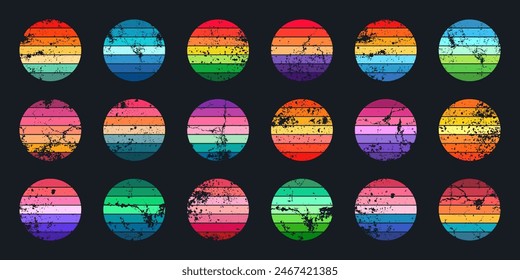 Grunge vintage sunset collection. Colorful striped sunrise badges in 80s and 90s style. Sun and ocean view, summer vibes, surfing. Design element for print, logo or t-shirt. Vector illustration