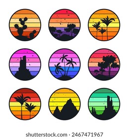 Grunge vintage sunset collection. Colorful striped sunrise badges in 80s and 90s style. Sun and ocean view, summer vibes, surfing. Design element for print, logo or t-shirt. Vector illustration