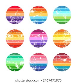 Grunge vintage sunset collection. Colorful striped sunrise badges in 80s and 90s style. Sun and ocean view, summer vibes, surfing. Design element for print, logo or t-shirt. Vector illustration