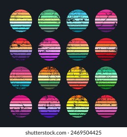 Grunge vintage sunset collection. Colorful striped sunrise badges in 80s and 90s style. Sun and ocean view, summer vibes, surfing. Design element for print, logo or t-shirt. Vector illustration