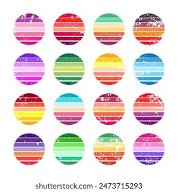 Grunge vintage sunset collection. Colorful striped sunrise badges in 80s and 90s style. Sun and ocean view, summer vibes, surfing. Design element for print, logo or t-shirt. Vector illustration