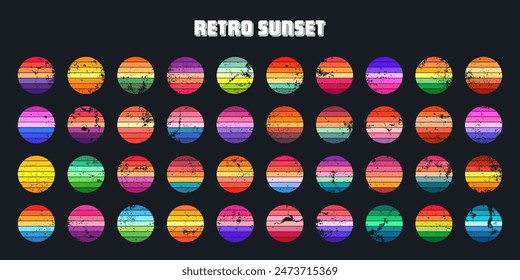 Grunge vintage sunset collection. Colorful striped sunrise badges in 80s and 90s style. Sun and ocean view, summer vibes, surfing. Design element for print, logo or t-shirt. Vector illustration