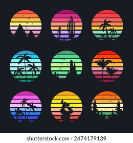 Grunge vintage sunset collection. Colorful striped sunrise badges in 80s and 90s style. Sun and ocean view, summer vibes, surfing. Design element for print, logo or t-shirt. Vector illustration.