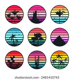 Grunge vintage sunset collection. Colorful striped sunrise badges in 80s and 90s style. Sun and ocean view, summer vibes, surfing. Design element for print, logo or t-shirt. Vector illustration