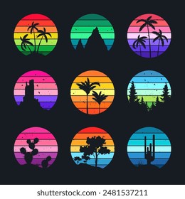 Grunge vintage sunset collection. Colorful striped sunrise badges in 80s and 90s style. Sun and ocean view, summer vibes, surfing. Design element for print, logo or t-shirt. Vector illustration