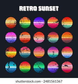 Grunge Vintage Sonnenuntergang Kollektion. Bunte gestreifte Sonnenaufgangsabzeichen im 80er- und 90er-Jahre-Stil. Sonne und Meerblick, Sommerstimmung, Surfen. Designelement für Print, Logo oder T-Shirt. Vektorillustration