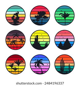 Grunge vintage sunset collection. Colorful striped sunrise badges in 80s and 90s style. Sun and ocean view, summer vibes, surfing. Design element for print, logo or t-shirt. Vector illustration