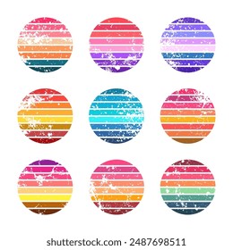Grunge vintage sunset collection. Colorful striped sunrise badges in 80s and 90s style. Sun and ocean view, summer vibes, surfing. Design element for print, logo or t-shirt. Vector illustration