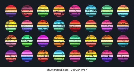 Grunge vintage sunset collection. Colorful striped sunrise badges in 80s and 90s style. Sun and ocean view, summer vibes, surfing. Design element for print, logo or t-shirt. Vector illustration