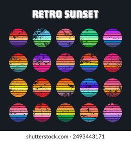 Grunge vintage sunset collection. Colorful striped sunrise badges in 80s and 90s style. Sun and ocean view, summer vibes, surfing. Design element for print, logo or t-shirt. Vector illustration