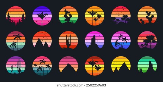 Grunge vintage sunset collection. Colorful striped sunrise badges in 80s and 90s style. Sun and ocean view, summer vibes, surfing. Design element for print, logo or t-shirt. Vector illustration