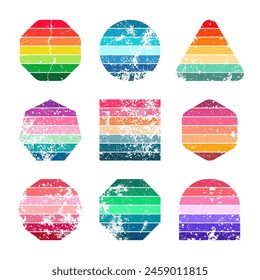 Grunge vintage sunset collection. Various colorful striped sunrise badges in 80s and 90s style. Sun and ocean view, summer vibes, surfing. Design element, print, logo or t-shirt. Vector illustration