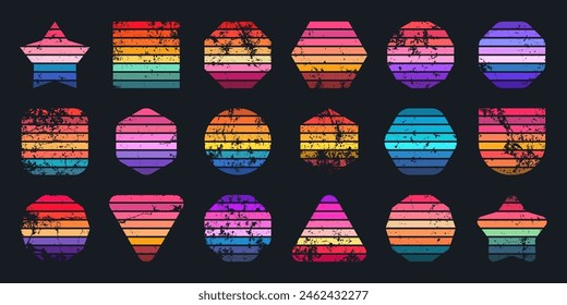 Grunge vintage sunset collection. Various colorful striped sunrise badges in 80s and 90s style. Sun and ocean view, summer vibes, surfing. Design element, print, logo or t-shirt. Vector illustration