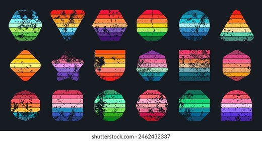 Grunge vintage sunset collection. Various colorful striped sunrise badges in 80s and 90s style. Sun and ocean view, summer vibes, surfing. Design element, print, logo or t-shirt. Vector illustration