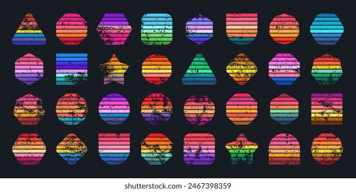 Grunge vintage sunset collection. Various colorful striped sunrise badges in 80s and 90s style. Sun and ocean view, summer vibes, surfing. Design element, print, logo or t-shirt. Vector illustration