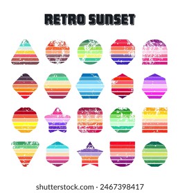 Grunge vintage sunset collection. Various colorful striped sunrise badges in 80s and 90s style. Sun and ocean view, summer vibes, surfing. Design element, print, logo or t-shirt. Vector illustration