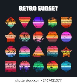 Grunge vintage sunset collection. Various colorful striped sunrise badges in 80s and 90s style. Sun and ocean view, summer vibes, surfing. Design element, print, logo or t-shirt. Vector illustration