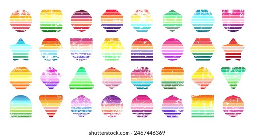 Grunge vintage sunset collection. Various colorful striped sunrise badges in 80s and 90s style. Sun and ocean view, summer vibes, surfing. Design element, print, logo or t-shirt. Vector illustration
