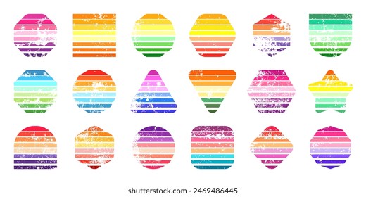 Grunge vintage sunset collection. Various colorful striped sunrise badges in 80s and 90s style. Sun and ocean view, summer vibes, surfing. Design element, print, logo or t-shirt. Vector illustration