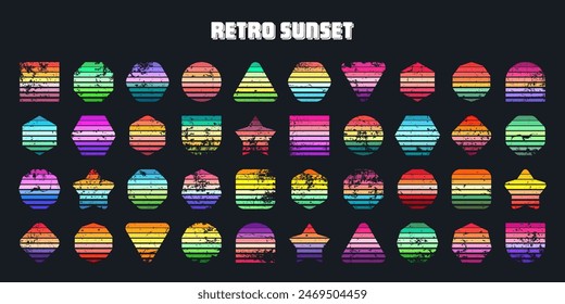 Grunge vintage sunset collection. Various colorful striped sunrise badges in 80s and 90s style. Sun and ocean view, summer vibes, surfing. Design element, print, logo or t-shirt. Vector illustration