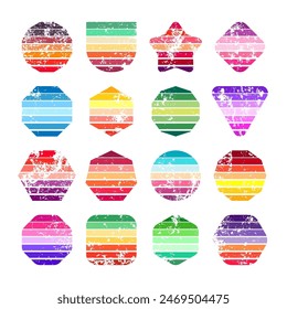 Grunge vintage sunset collection. Various colorful striped sunrise badges in 80s and 90s style. Sun and ocean view, summer vibes, surfing. Design element, print, logo or t-shirt. Vector illustration