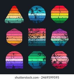 Grunge vintage sunset collection. Various colorful striped sunrise badges in 80s and 90s style. Sun and ocean view, summer vibes, surfing. Design element, print, logo or t-shirt. Vector illustration