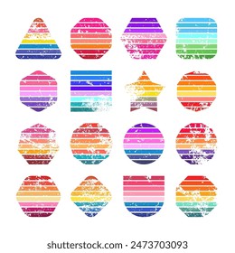 Grunge vintage sunset collection. Various colorful striped sunrise badges in 80s and 90s style. Sun and ocean view, summer vibes, surfing. Design element, print, logo or t-shirt. Vector illustration