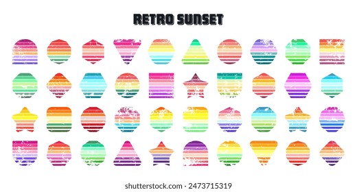 Grunge vintage sunset collection. Various colorful striped sunrise badges in 80s and 90s style. Sun and ocean view, summer vibes, surfing. Design element, print, logo or t-shirt. Vector illustration