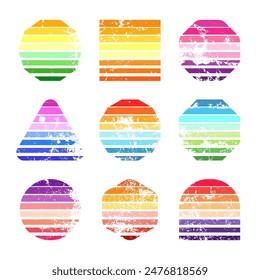 Grunge vintage sunset collection. Various colorful striped sunrise badges in 80s and 90s style. Sun and ocean view, summer vibes, surfing. Design element, print, logo or t-shirt. Vector illustration