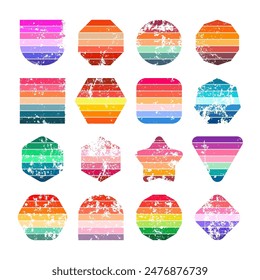 Grunge vintage sunset collection. Various colorful striped sunrise badges in 80s and 90s style. Sun and ocean view, summer vibes, surfing. Design element, print, logo or t-shirt. Vector illustration