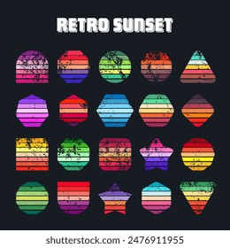 Grunge vintage sunset collection. Various colorful striped sunrise badges in 80s and 90s style. Sun and ocean view, summer vibes, surfing. Design element, print, logo or t-shirt. Vector illustration
