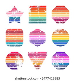 Grunge vintage sunset collection. Various colorful striped sunrise badges in 80s and 90s style. Sun and ocean view, summer vibes, surfing. Design element, print, logo or t-shirt. Vector illustration
