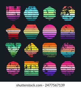 Grunge vintage sunset collection. Various colorful striped sunrise badges in 80s and 90s style. Sun and ocean view, summer vibes, surfing. Design element, print, logo or t-shirt. Vector illustration