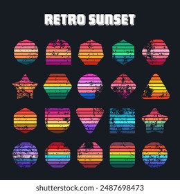 Grunge vintage sunset collection. Various colorful striped sunrise badges in 80s and 90s style. Sun and ocean view, summer vibes, surfing. Design element, print, logo or t-shirt. Vector illustration