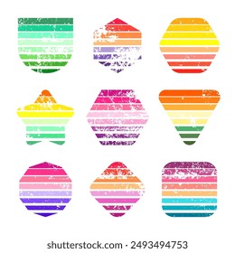 Grunge vintage sunset collection. Various colorful striped sunrise badges in 80s and 90s style. Sun and ocean view, summer vibes, surfing. Design element, print, logo or t-shirt. Vector illustration